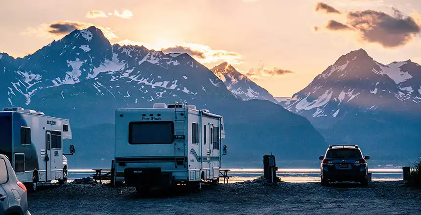 seward alaska, usa, motorhomes, lakeside view