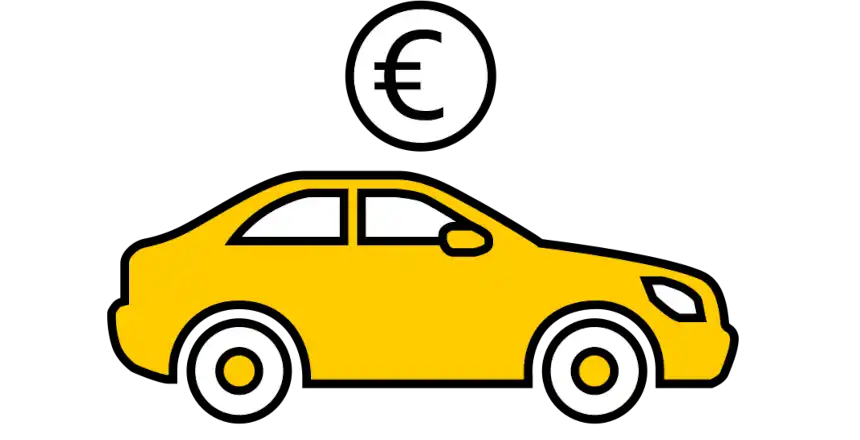 icon, clipart, gelber pkw, m&uuml;nze mit euro zeichen