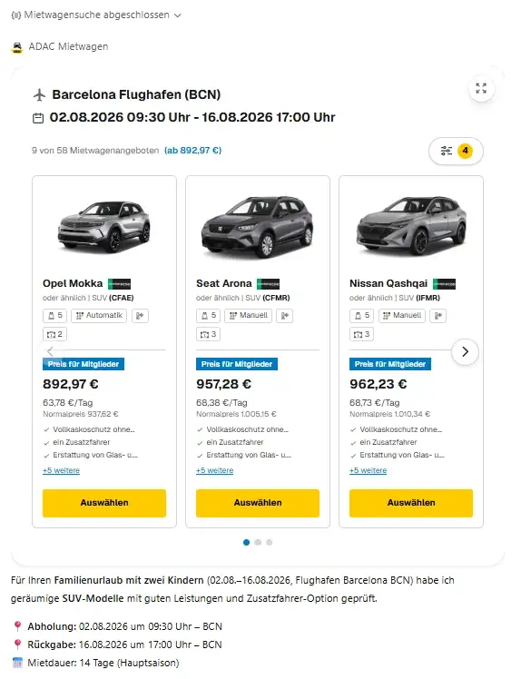 ADAC ChatGPT App, Mietwagen Suche, Auto mieten für den Familienurlaub