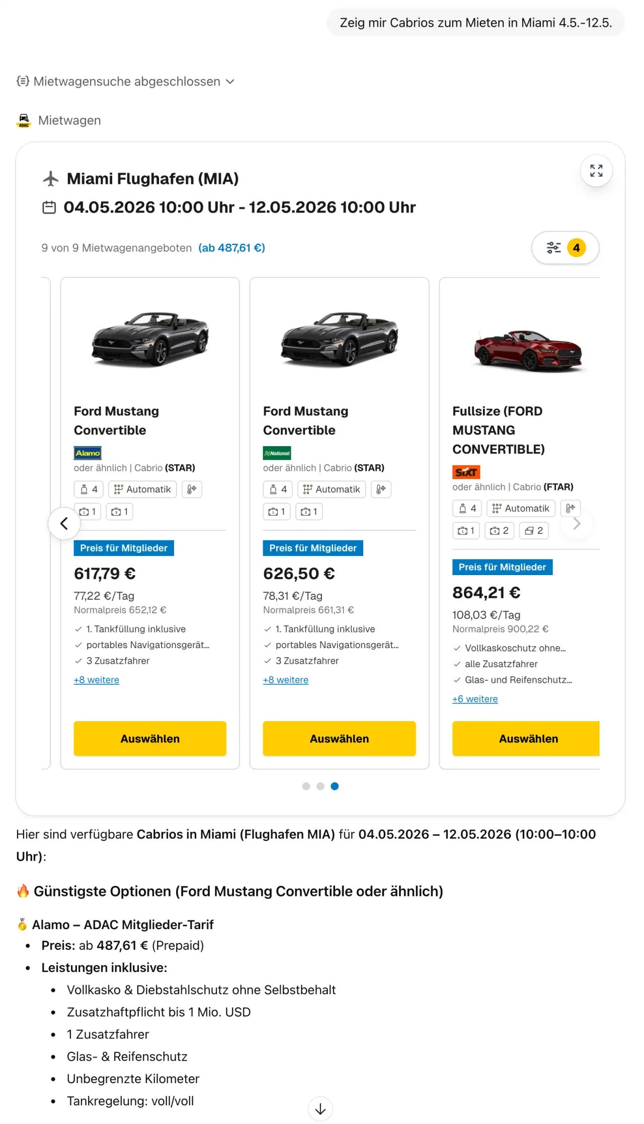 ADAC ChatGPT App, Mietwagen Suche, spezielle Fahrzeugkategorie Cabrio