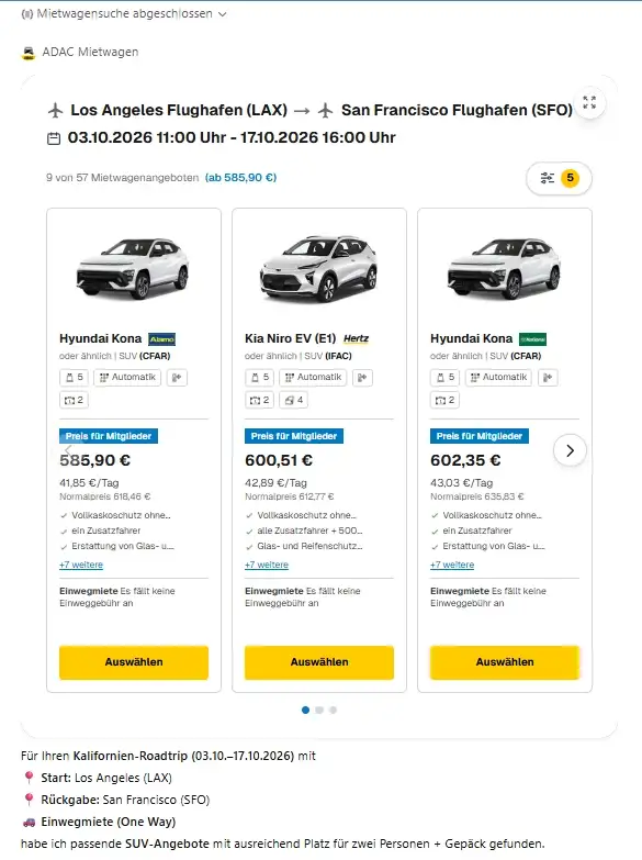 ADAC ChatGPT App, Mietwagen Suche, Mietwagen Roadtrip USA