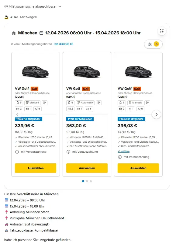 ADAC ChatGPT App, Mietwagen Suche, Auto mieten für Geschäftsreise