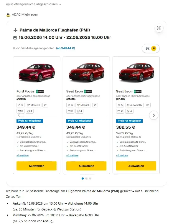 ADAC ChatGPT App, Mietwagen Suche, Auto mieten am Flughafen